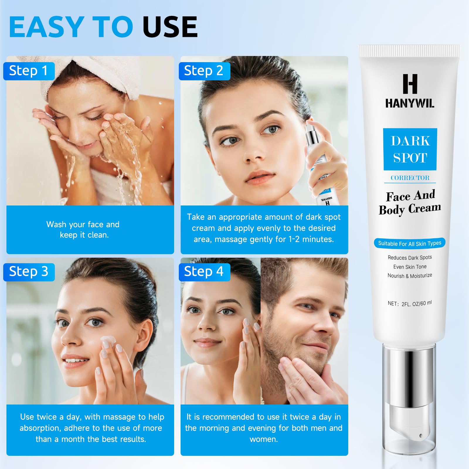 HANYWIL Dark Spot Remover for Face Cream, Dark Spot Corrector, Rapid Tone Repair Retinol, Skin Brown Spot Remover, Skin Care Face Cream, Sun Spot Remover, Age Spot Corrector for Women Men (2 Fl Oz)